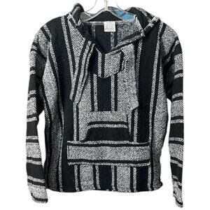 Baja Hoodie Black and White Mexican Jerga Pullover - S